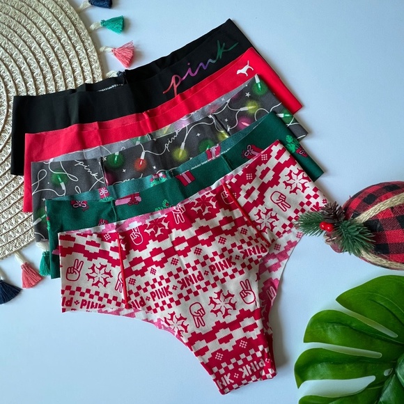 Victoria's Secret PINK No Show Cheekster Panty Pack of 5 Christmas Theme M NEW - Picture 1 of 3